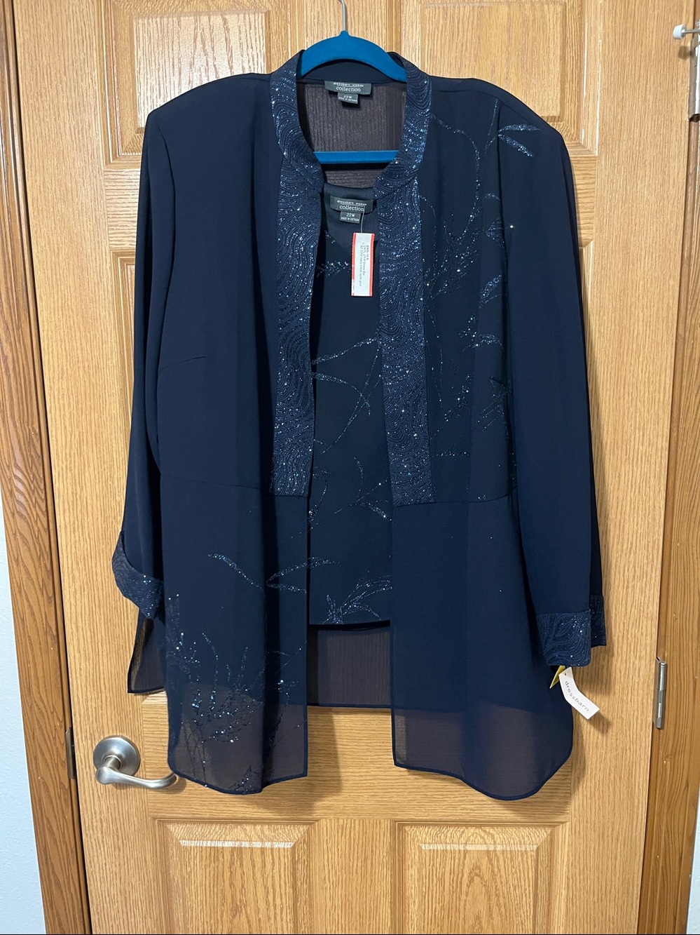 Dressbarn Navy Blue Beaded Embellished Formal Sheer Chiffon Top & Jacket Set 22W